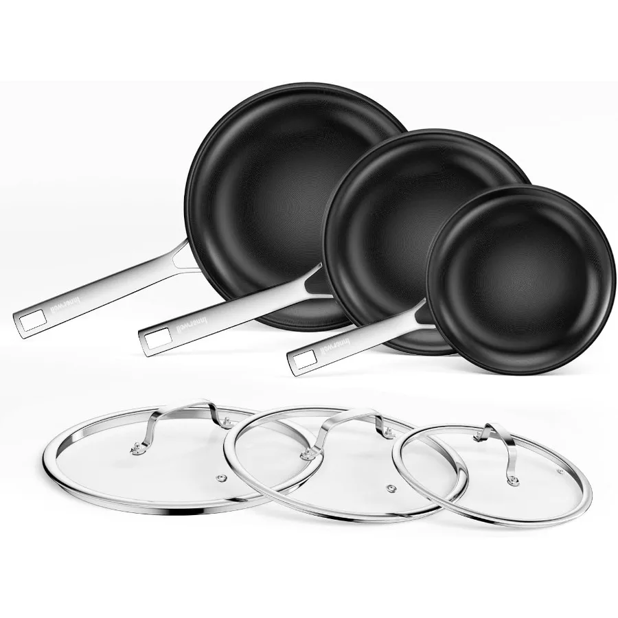 

Набор керамических сковородок с антипригарным покрытием и стеклянной крышкой для всех варочных панелей. В комплект сковородок с титановым покрытием 8 дюймов, 9,5 дюймов и 11 дюймов.