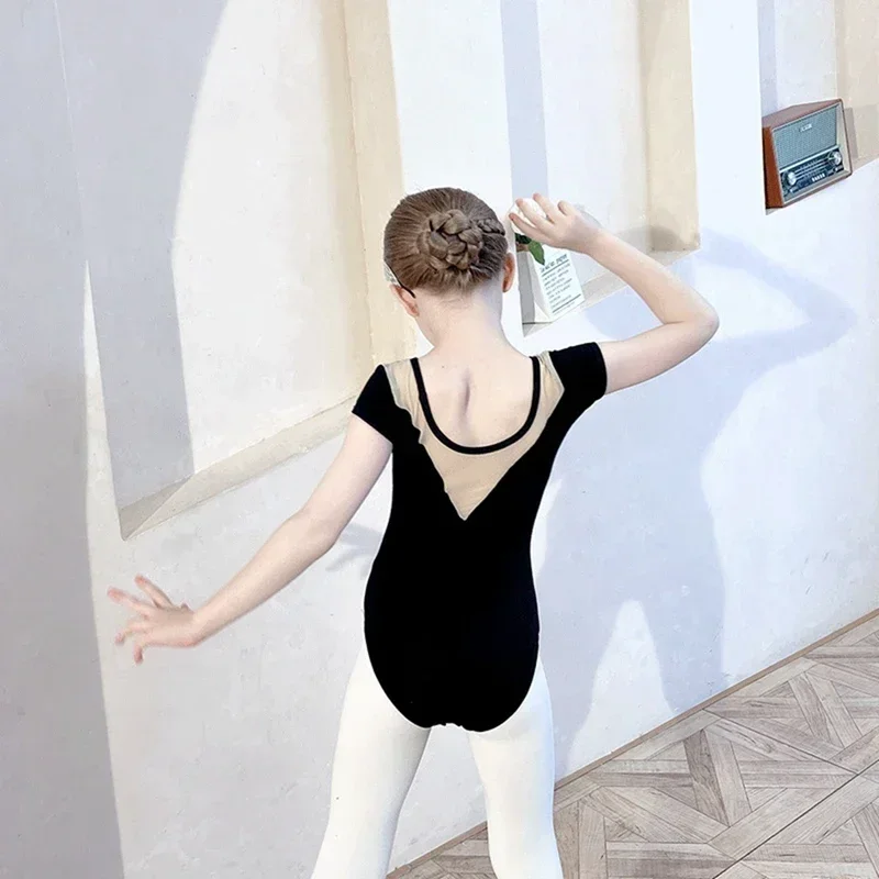 ثياب الباليه للفتيات قطعة واحدة كلاسيكية برقبة دائرية مرقعة أنيقة للرقص ملابس رياضية للياقة البدنية والجمباز