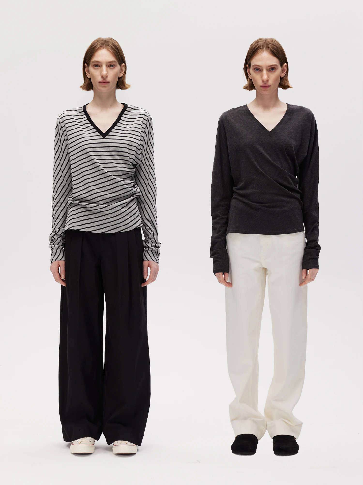 

Autumnal Long Sve T-irt V-Ne Asymmetrical Design Casual Fit Loose Sle Cotton Feel Comfortable Walking around Top