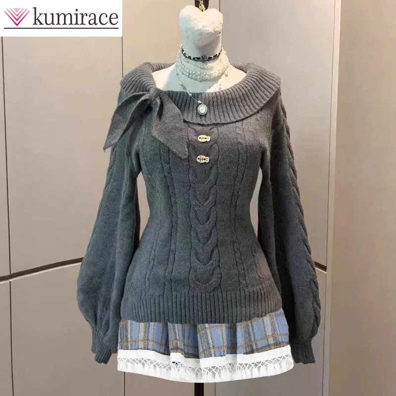 

Autumn and Winter New Loose Long Sleeved Sweater Korean Style Lapel Knit Sweater Women's Woolen Lace Short Skirt Two-piece Set