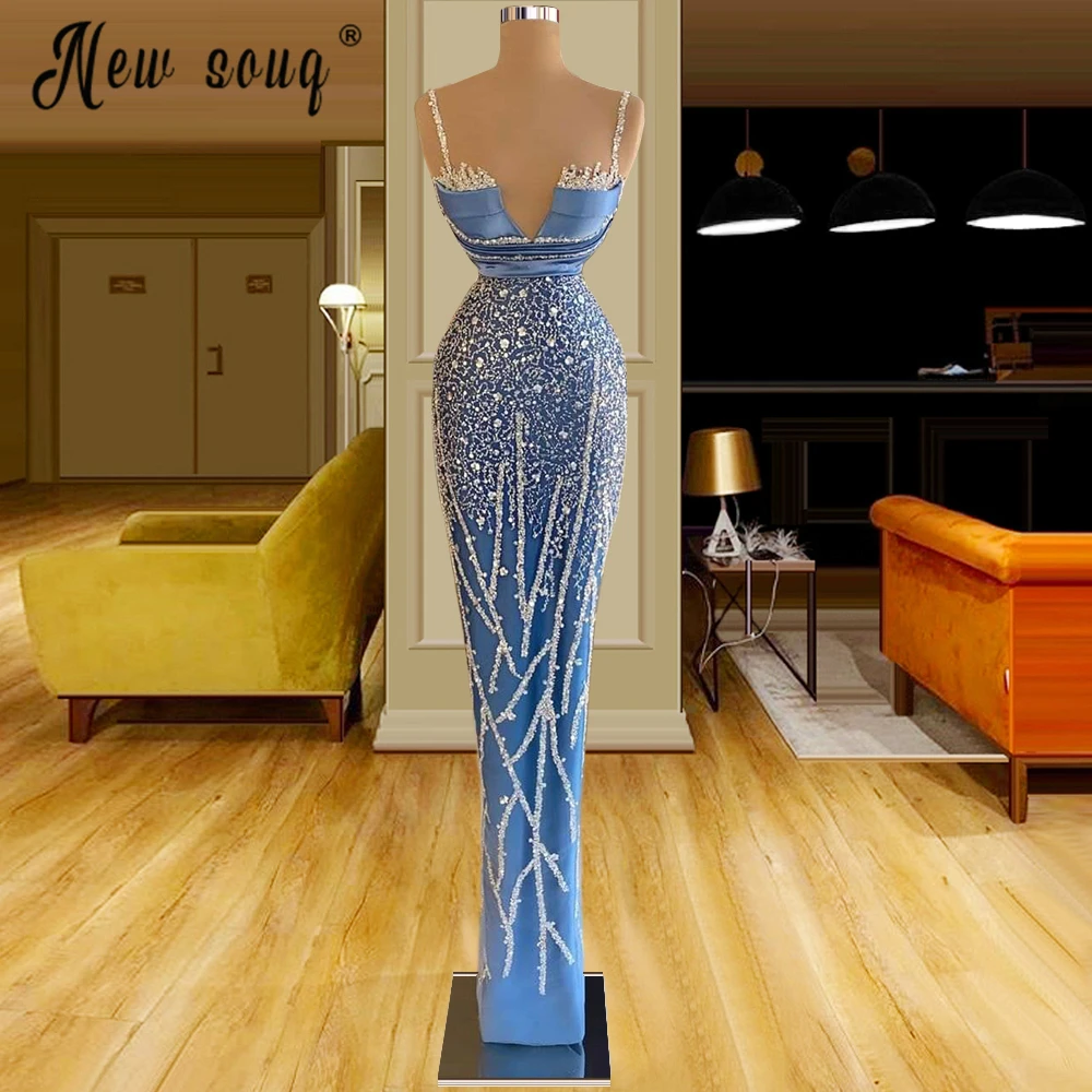 

Arabic Light Blue Sexy Spaghetti Strap Mermaid Evening Dresses Beads Robe De Soiree Prom Paty Gowns Birthday Party Wear