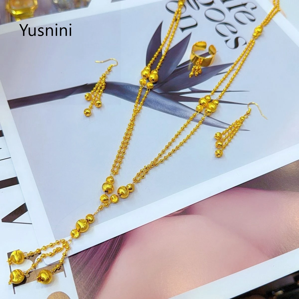 New Fashionable High end Dubai 24K Gold Plated Necklace Earrings and Rings Romantic Wedding Party Jewelry Set for Lovers 777 - view 3