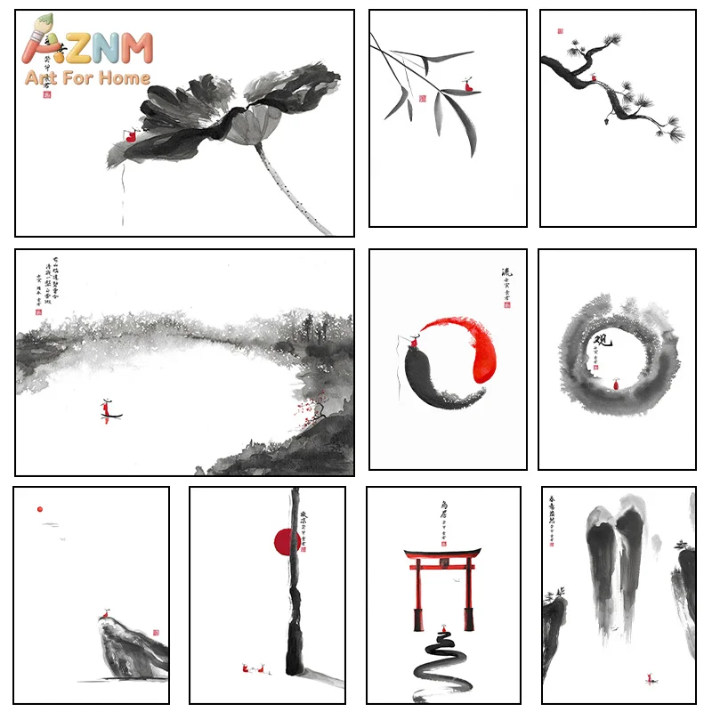 AZNM Chinese Ink Wash Canvas Wall Art Minimalist Lotus Mountain Torii Gate Print Oriental Zen Landscape Home Decor Unframed