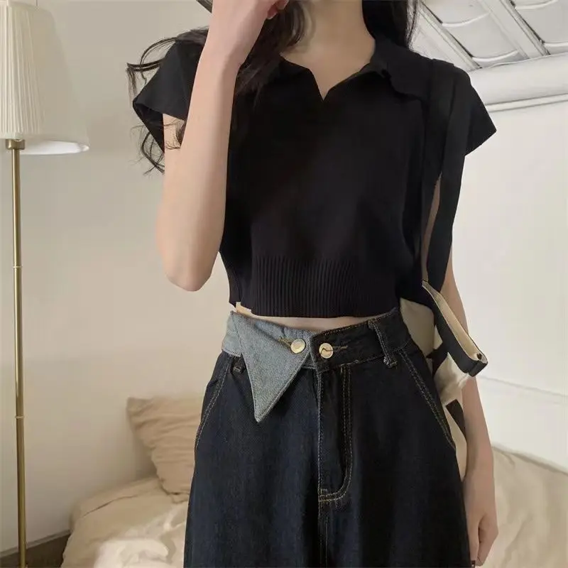 Polo Lapel Sweater Short Sleeve T-shirt for Women in Summer 2025 New Design Niche Short Top Trendy