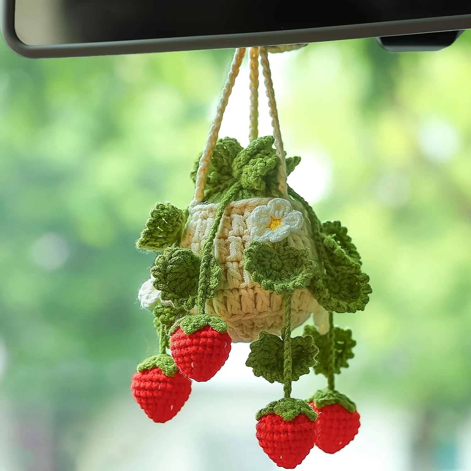 1pcs Handmade Crochet Strawberry Car Pendant, Rearview Mirror Decoration Pendant, Hand Woven Cute Creativity