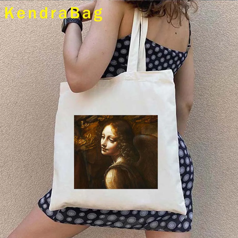 Renaissance Oil Painting Art Angel Sun Princess Mona Lisa Starry Night Flowers Shopper Canvas Shoulder Totes Bag Cotton Handbags