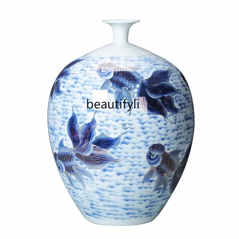 

V Ceramic Vase Blue and White Gold Painting Craft Living Room Decoration Neo Chinese Style Ornaments Home Entrance