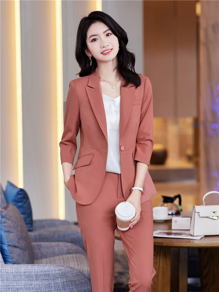 Women\'s Office Suit Fashion Blazer Pantsuit Simple Solid Color 2024 Spring Summer Half Sleeve Top + Trousers 2 Piece Set Blazer