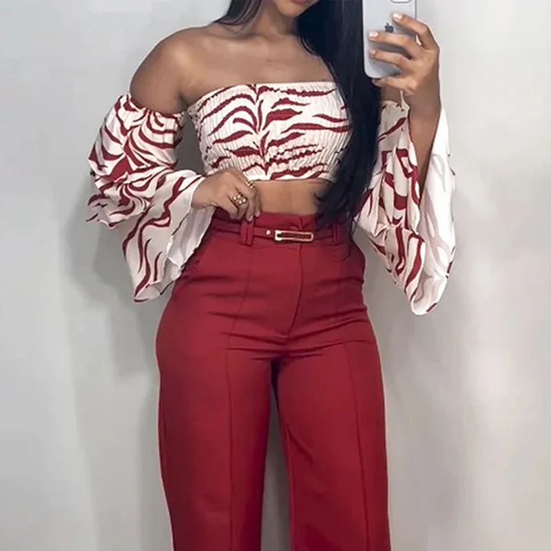 Wefads Autumn 2 Piece Set Women Fashion Printed Off Shoulder Strapless Flare Long Sleeve Top Loose Straight Pants Sets No Belt