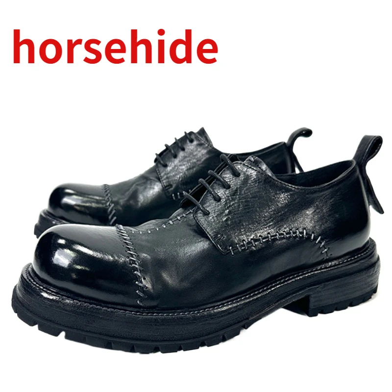 

Horsehide Handmade Stitching Water Washing Process Low Cut Shoes for Men's Retro Distressed Polished Thick Platform Casual Shoes