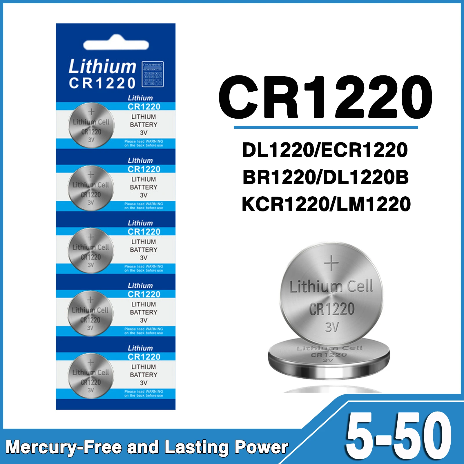 5-50PCS CR1220 High Power Button Cell Battery Coin Battery Cell 3V Button Lithium Battery for Watch Car Remote Key Power Supply