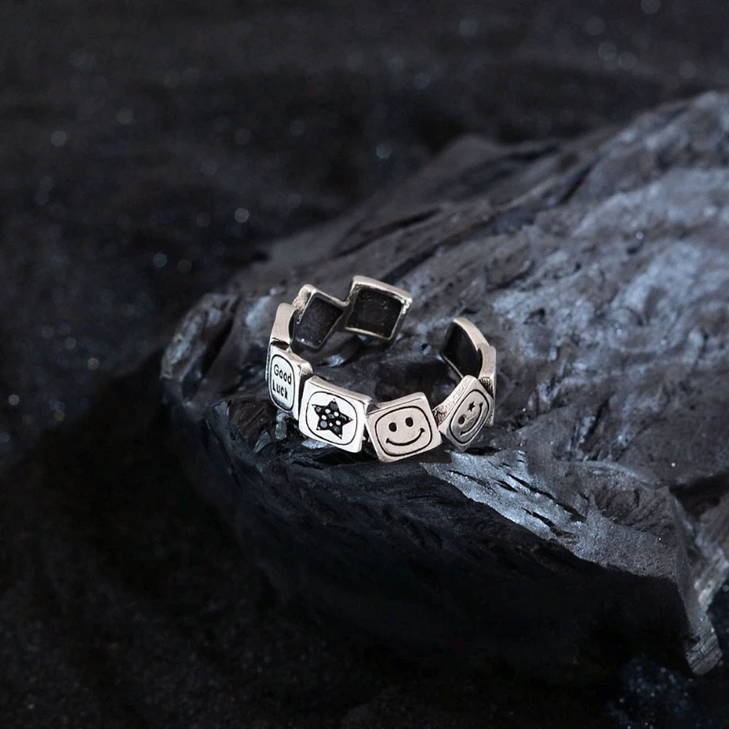 1pc New Korean Style Lucky Face Smiling Ring Womens Retro Distressed Open Band Good Luck Daily Party Best Gift for Loved Ones