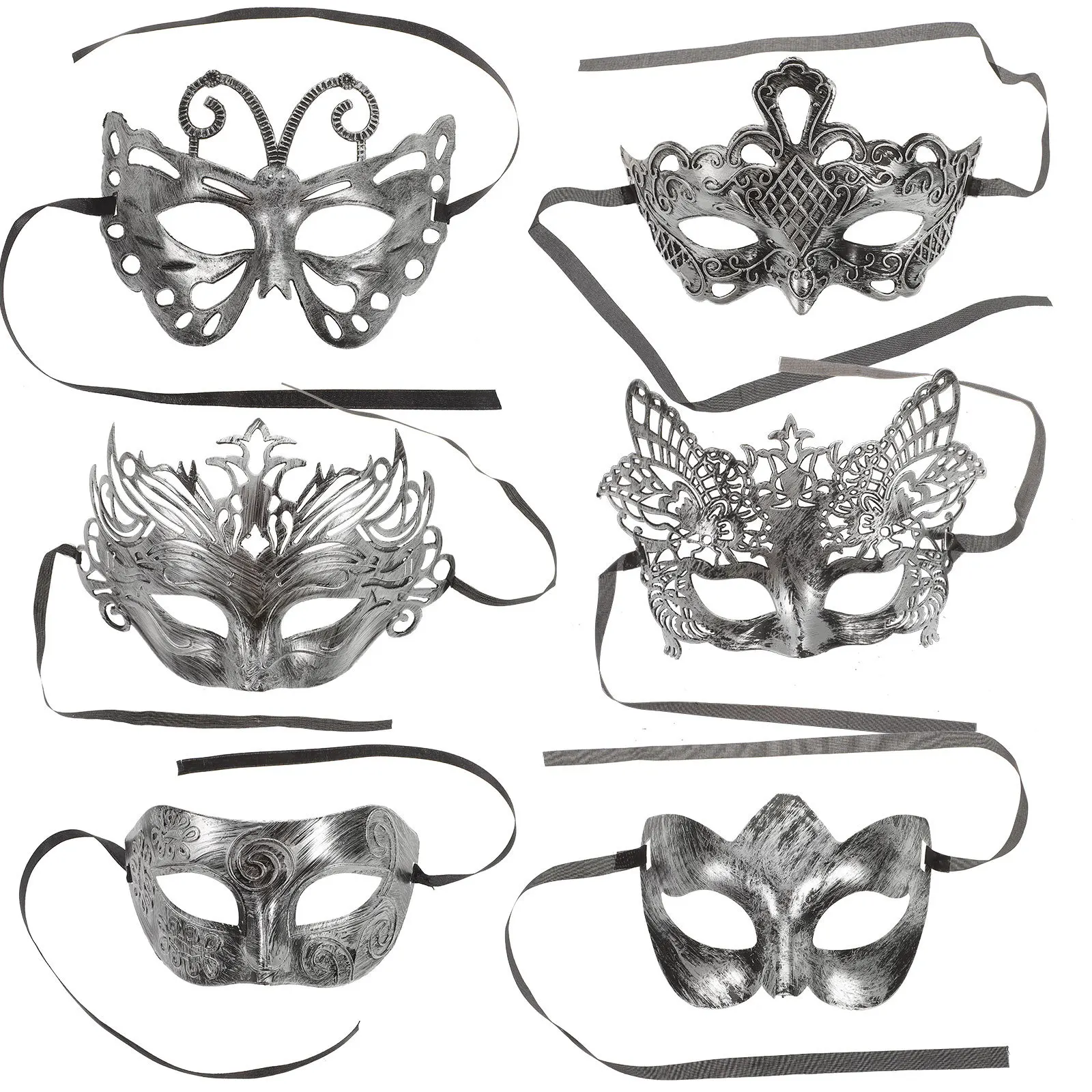 6 szt. Maseczek Vintage na Maskaradę Srebrne Półmaski Halloween Mardi Gras Kostium Cosplay Impreza Srebrna Maska Maskaradowa