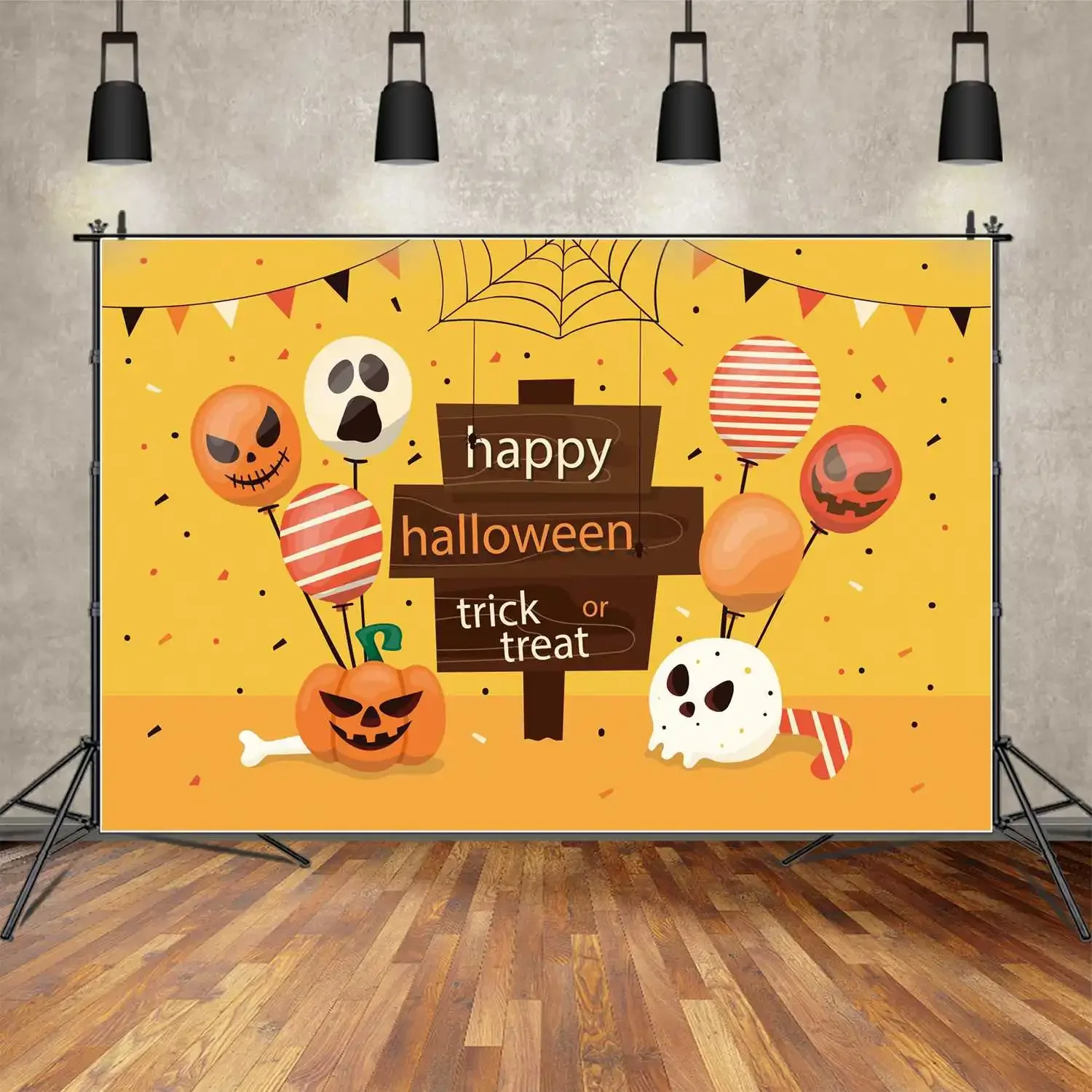 MOON.QG Backdrop Baby Balloon Happy Halloween Banner Photo Booth Background Kid Party Prop Wood Board Spider Web Flag Bone Decor