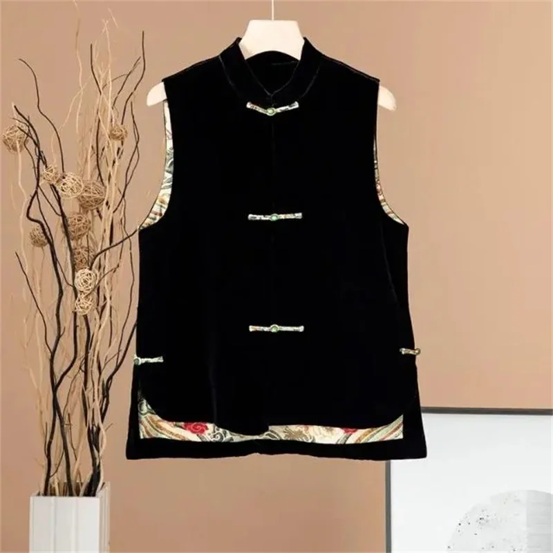 2023 Spring Autumn Female New Chinese Style Velvet Vest  Loose Standing Neck Plate Buckle Overlay Split Tank Top Women Cardigan