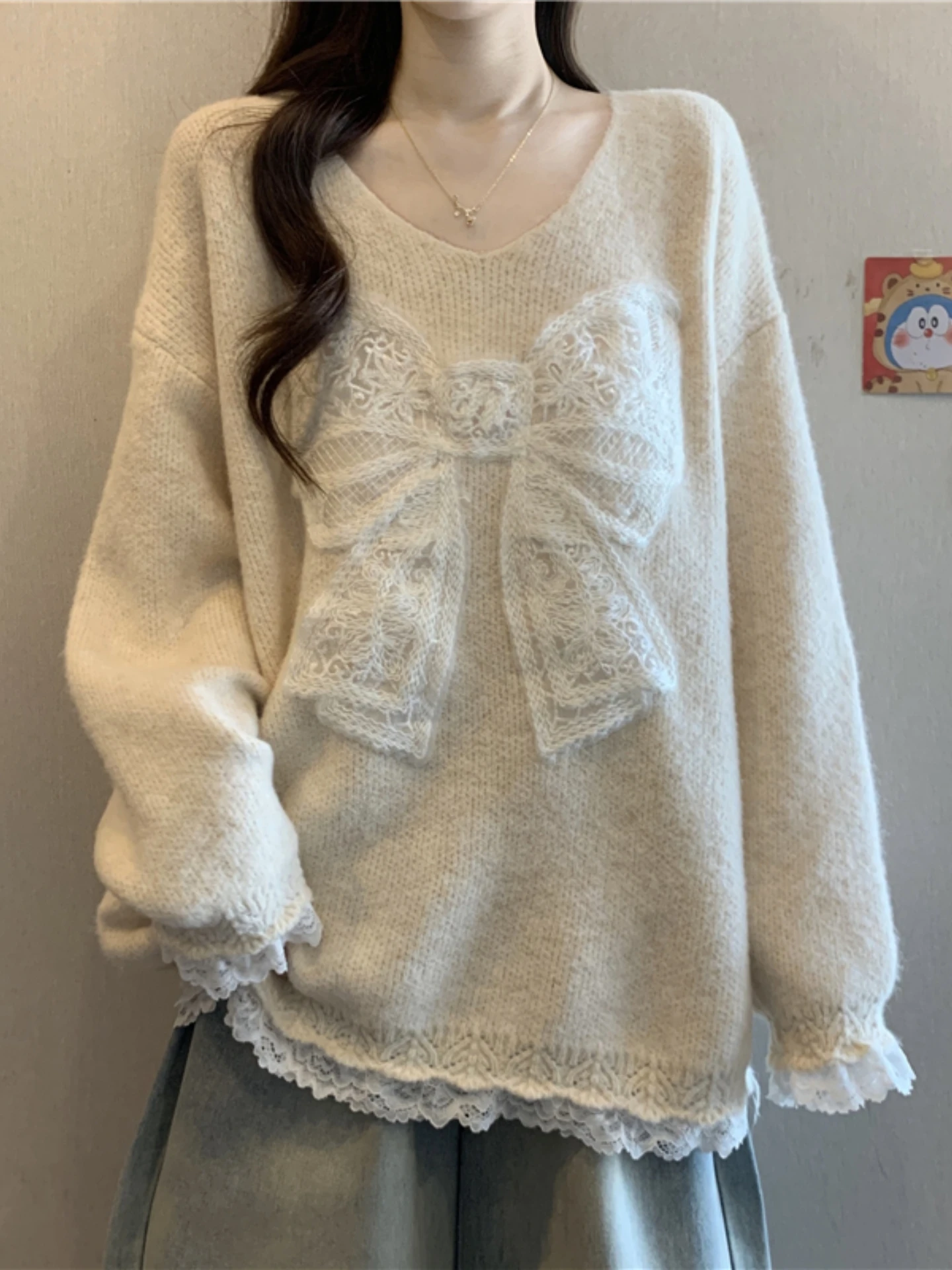 

Lace Splice Knot Sweater Women's Spring Autumn plus Size Loose Lazy Style Top Knitted Base Shirt Korean Style