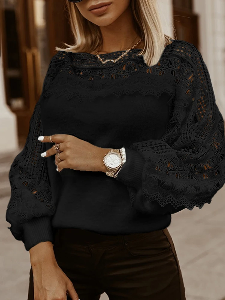 2023 Celmia kobiety wiosna pluszowe swetry swetry elegancka, długa koszulka z lampionowymi rękawami tunika koronka Hollow futro najlepszy Streetwear — zdjęcie 3