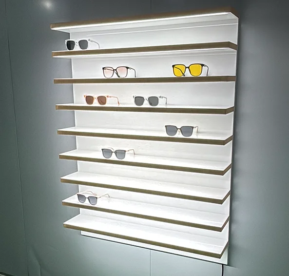 

Low MOQ Custom Wall Mounted Acrylic Sunglass Display Eyewear Shelf Optical Display Rack LED Lighted Sunglasses Display