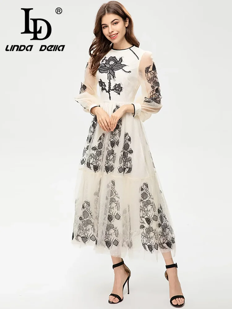 

LD LINDA DELLA Summer Runway Fashion Dress Women's Bohemian Elegant Flowers Embroidery Net Yarn Guipure Temperament Dresses