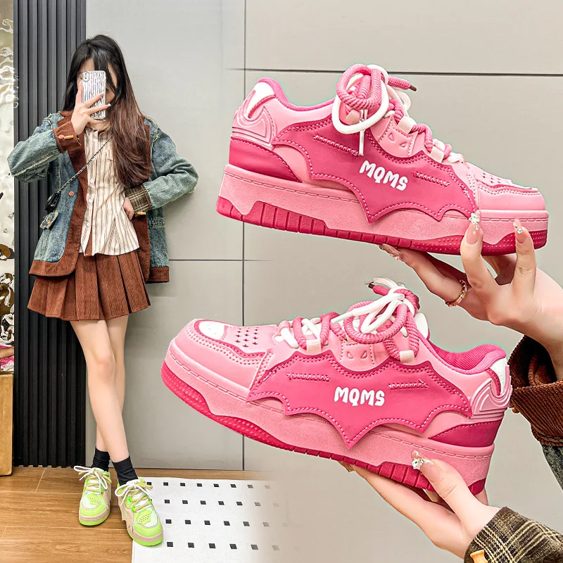 2024Spring and Autumn New Multi-color Bat Thick Sole Sports Casual Shoes Sweet and Spicy College Wind Rose Red Bread Board Shoes