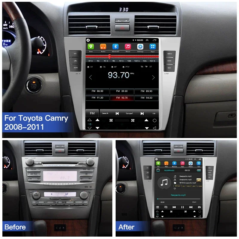 Tesla Style Screen Car Radio - Android14 Carplay untuk Toyota Camry 2007-2011,