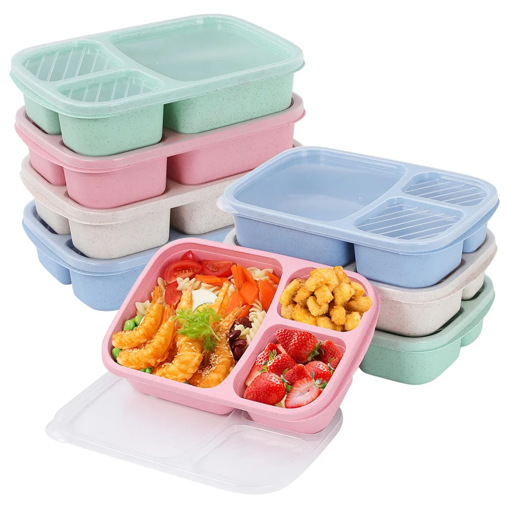 Paquete de 1/4 de fiambrera Bento, conjunto de 3 compartimentos, contenedores de almacenamiento de alimentos, fiambrera de preparación de comida de paja de trigo, contenedor de almacenamiento de alimentos de plástico