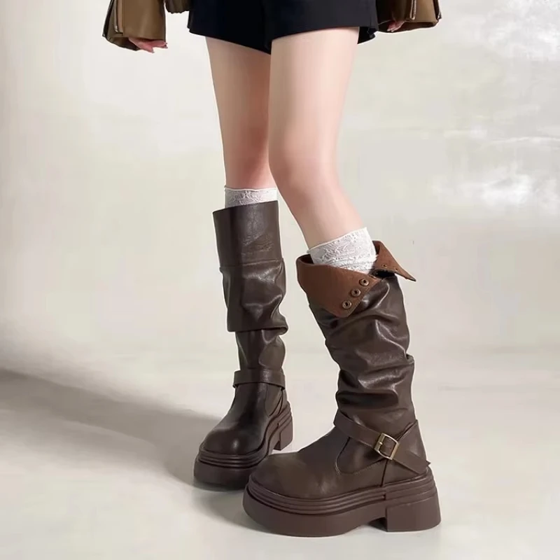 GC Women's High Knee Boots, Chunky Platform Stacked Rider Boots, Spring/Autumn Two-Way Edgy Fold-Over Cuff Fashion Design