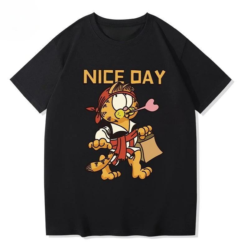 

2025 Summer New creative Garfield print T-shirt loose and fashionable couple short-sleeved men's and women's tops