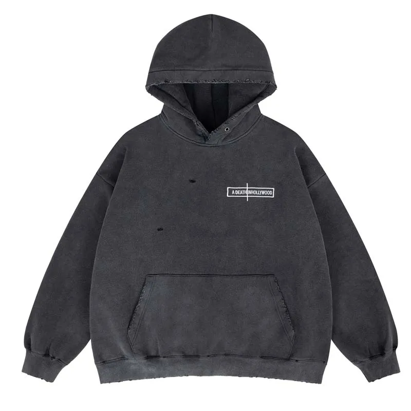 الاتجاه الماركات هوديي الرجعية تفعل القديمة ممزق هول عادية فضفاض البلوز عالية الجودة المرقعة طباعة الصوف مقنعين البلوز