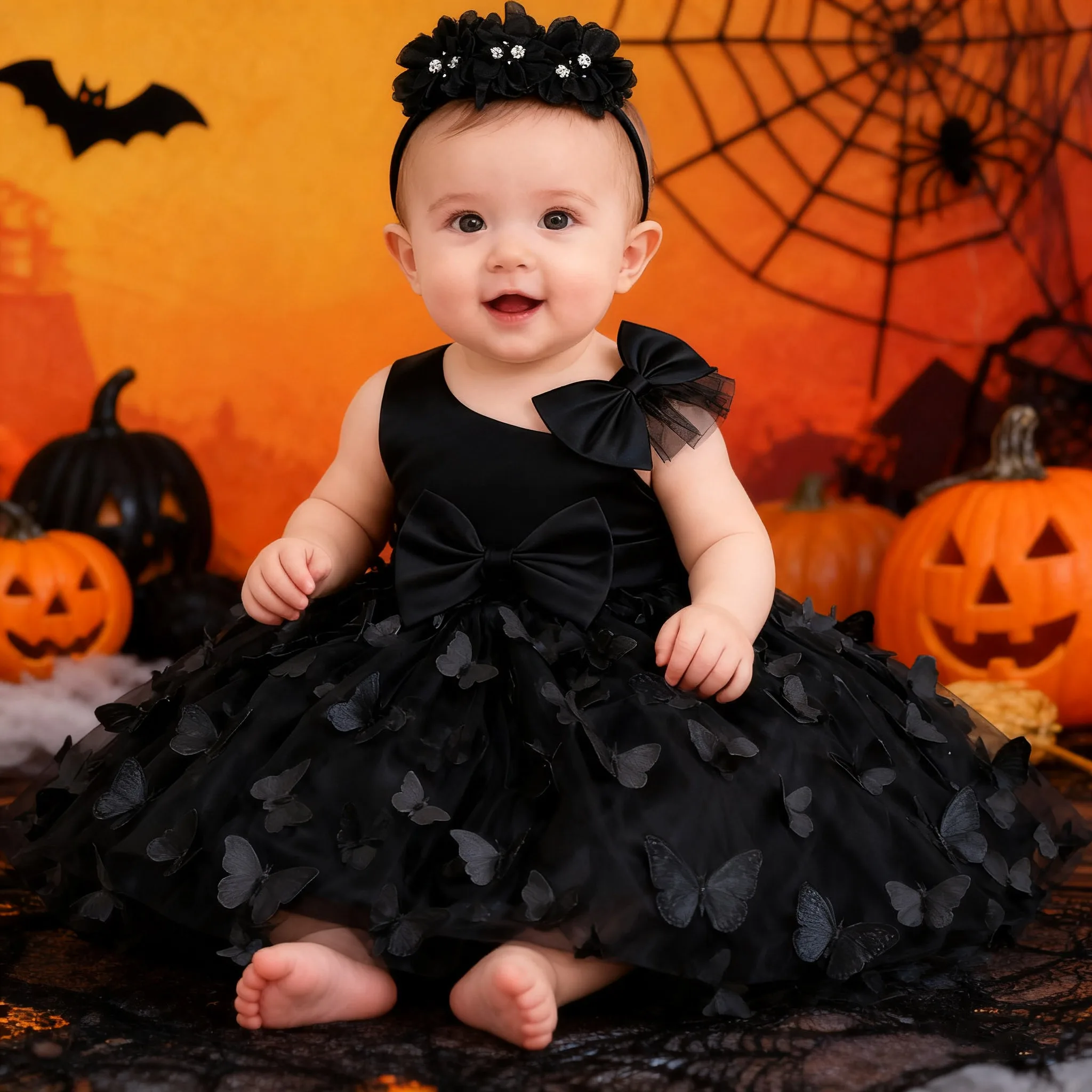 

Театрализованное кружевное платье с вышивкой для девочек, черное торжественное платье с повязкой на голову, одежда для маленьких девочек, бальное платье для свадебной вечеринки на Хэллоуин