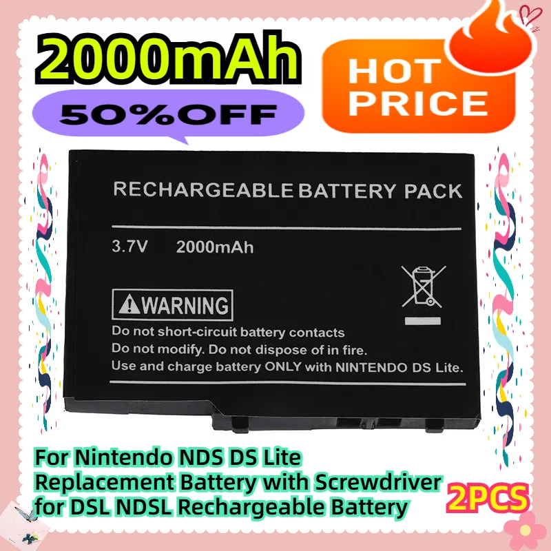 

3.7V 2000mAh 2pcs For Nintendo NDS DS Lite Replacement Battery with Screwdriver for DSL NDSL Rechargeable Battery