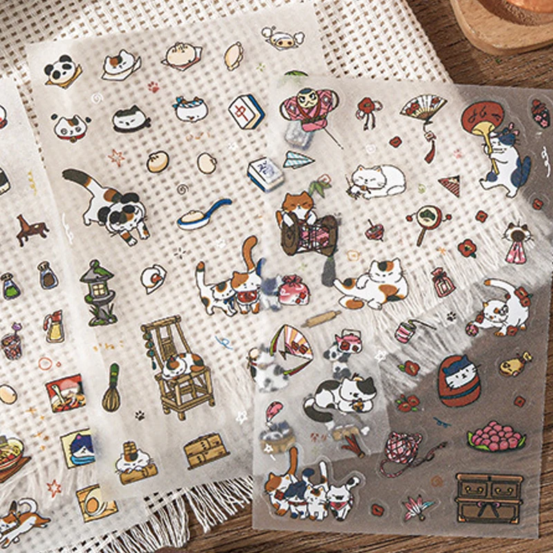 Mr.Paper 4 Packs Waterproof PET Stickers, Cute Cartoon Cat Decals for Journal Scrapbooking DIY, Pre-cut Craft Supplies