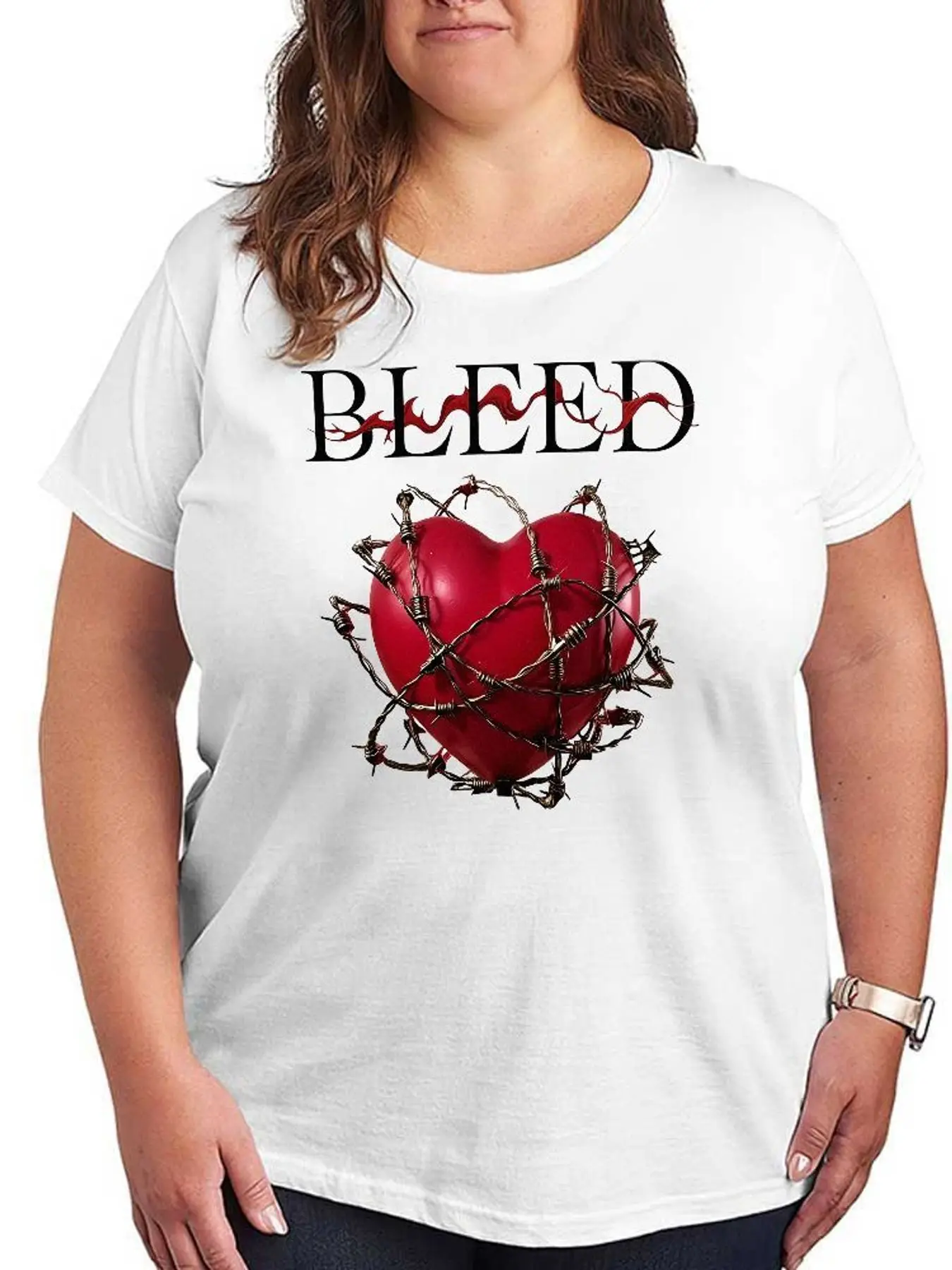 Bleed Heart Graphic T Shirt Women Fashion Streetwear Barbed Wire Print Stretchy Oversized Tee Short Sleeve Casual Plus Size Tops Clothes