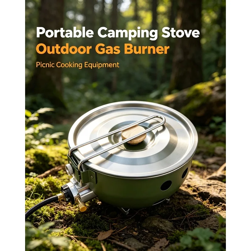 Portable Windproof Camping Gas Stove with Non-stick Pan, Outdoor Hiking Cooking Burner