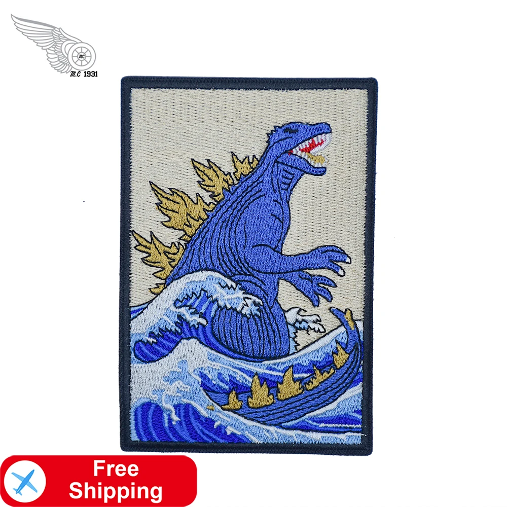 Dragon Monster Emborideried Patch Sea Wave Animal Badge Iron on Decorative for Clothing Jacket Hoodies Applique Accessory