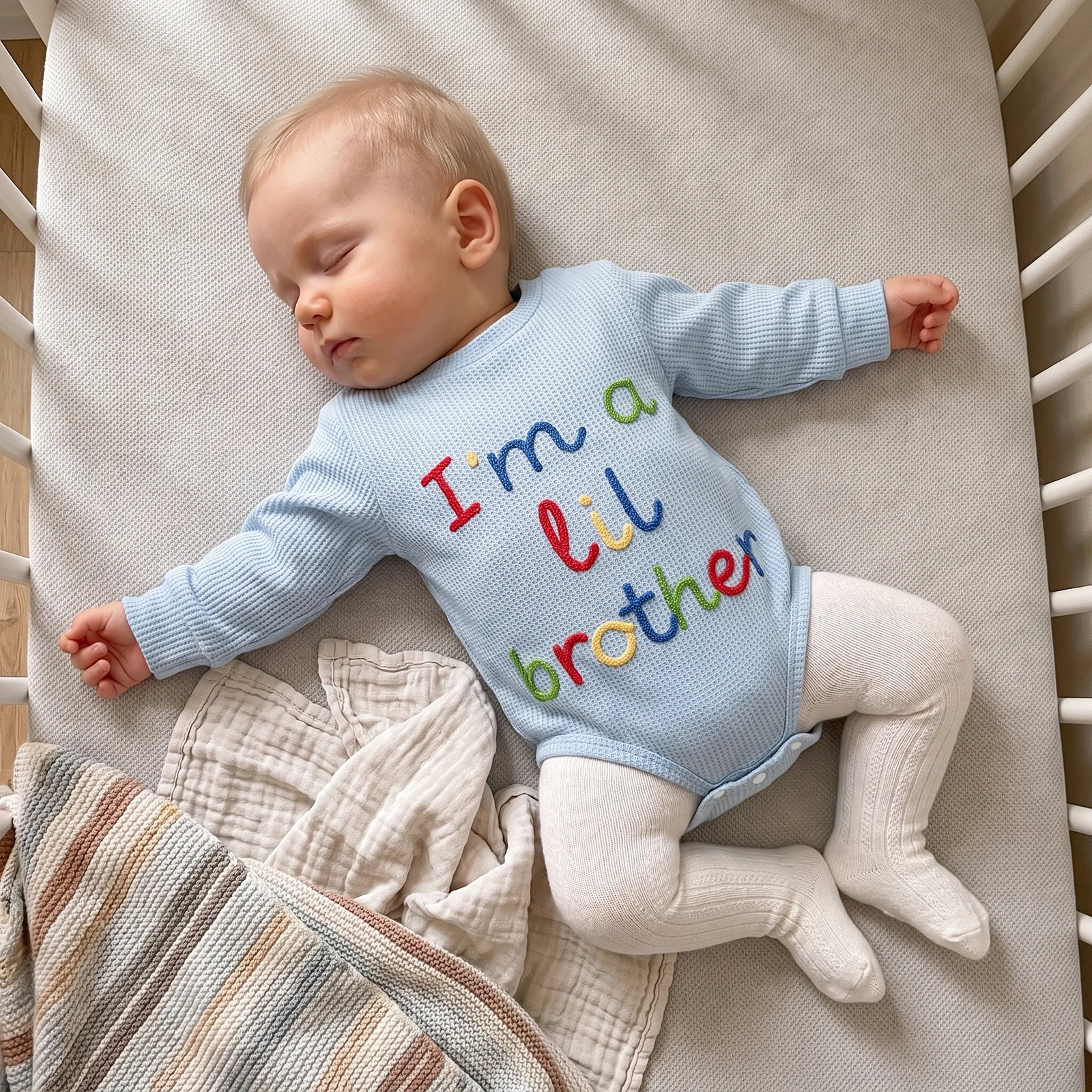 Baby Boy Long Sleeve Romper Waffled Letter Embroidered Crewneck Bodysuit