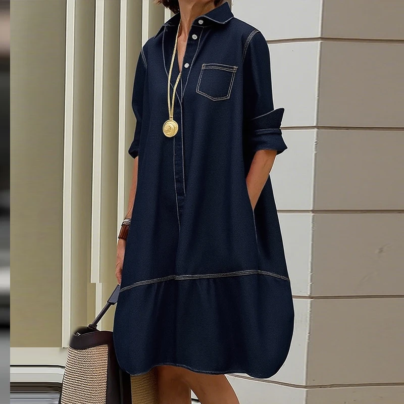 Modigirlผ้าฝ้ายMidiชุดผู้หญิง2025ฤดูใบไม้ร่วงฤดูใบไม้ผลิหลวมVINTAGE Buttonedกระเป๋าแขนยาวผู้หญิงธุรกิจสบายๆ