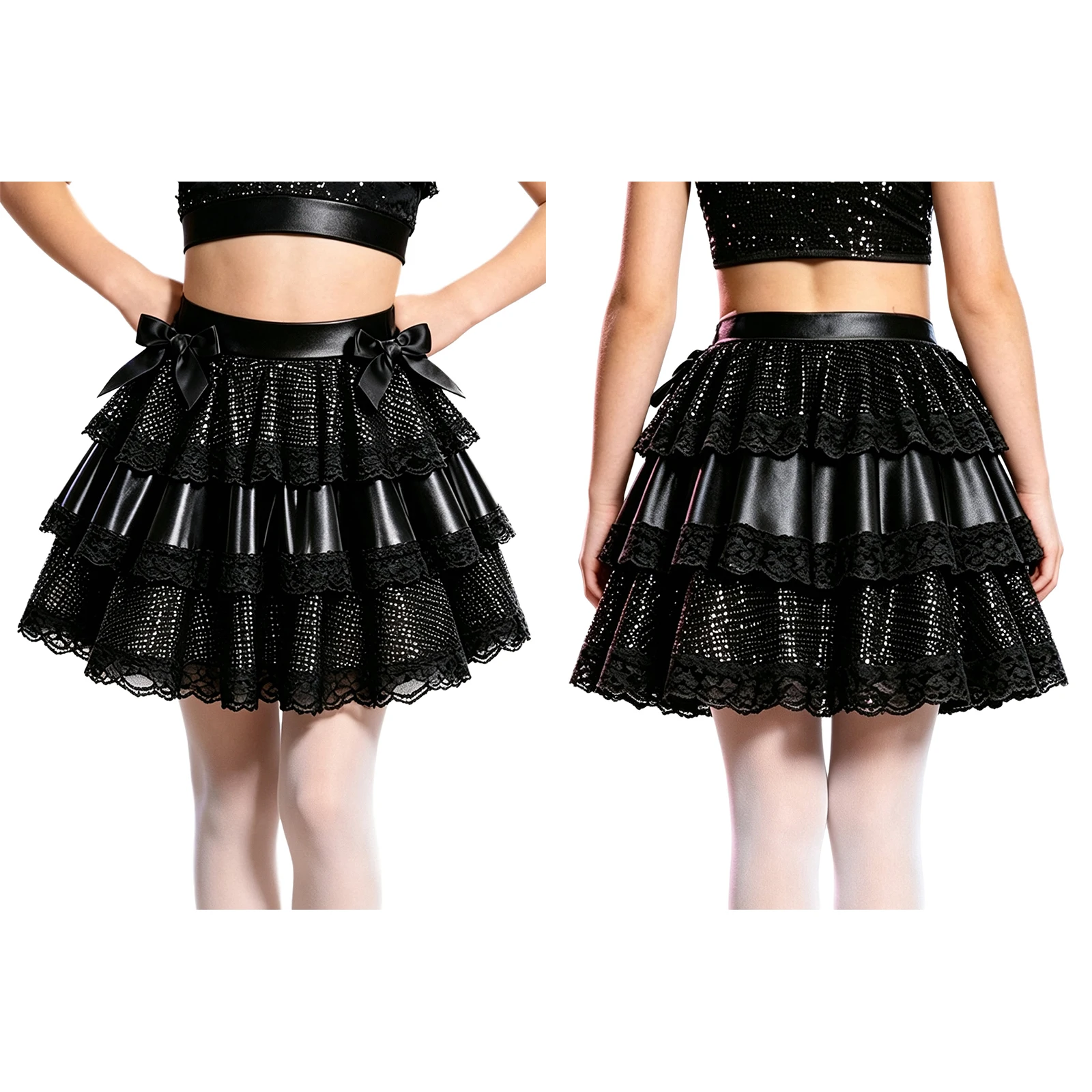 Kids Girls Lace Trim Tiered Ruffled A-line Skirt Bowknots Elastic Waistband Sequin Dots Y2K Skirt for Jazz Ballet Dance Clothing