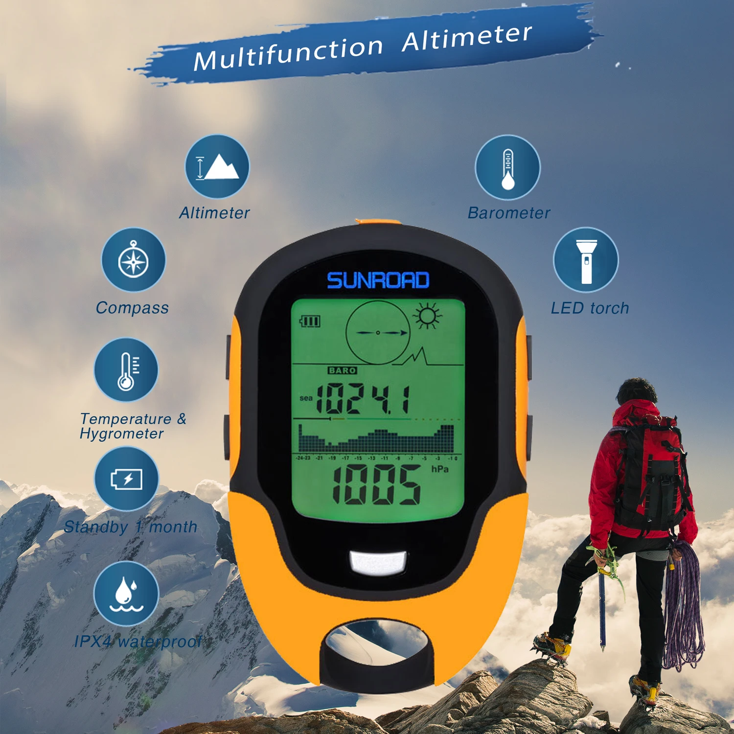 NEW Sunroad Portable Emergency Multifunction Digital Altimeter Barometer Compass Hygrometer Thermometer Led Torch Outdoor Hiking