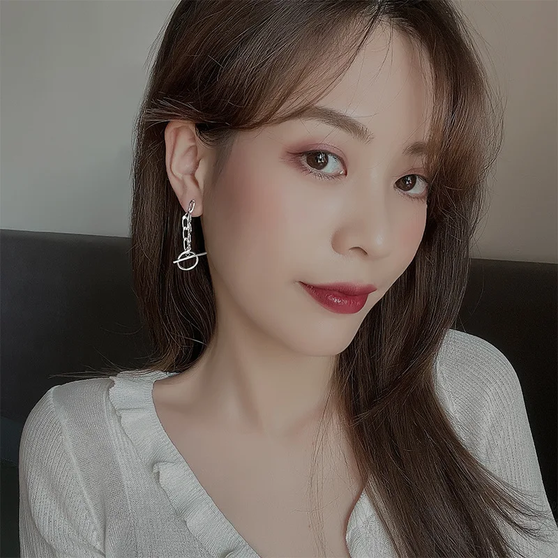 CIAXY Silver Color OT Buckle Chain Earrings for Women Creative Design Back-hanging Long Earring  Fashion Rock Jewelry