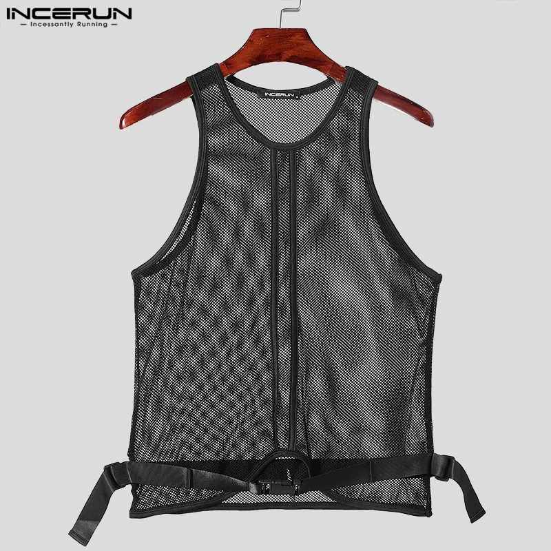 Party Nightclub Style Tops INCERUN Men\'s Buckle Mesh Knitted Hollow Vests Fashion Clubwear Male Perspective Thin Tank Tops S-5XL