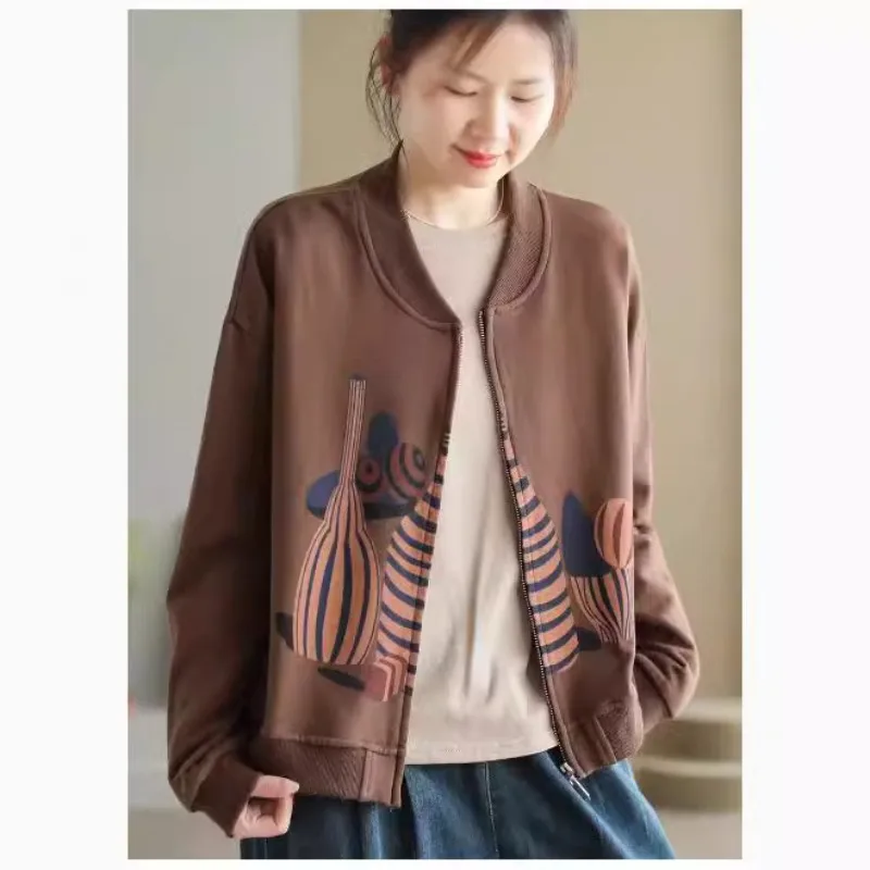 Autumn Fashion Stand Collar Baseball Jacket For Women Cartoon Printing Long Sleeve Casual Loose Short Version Daily Zipper Coats