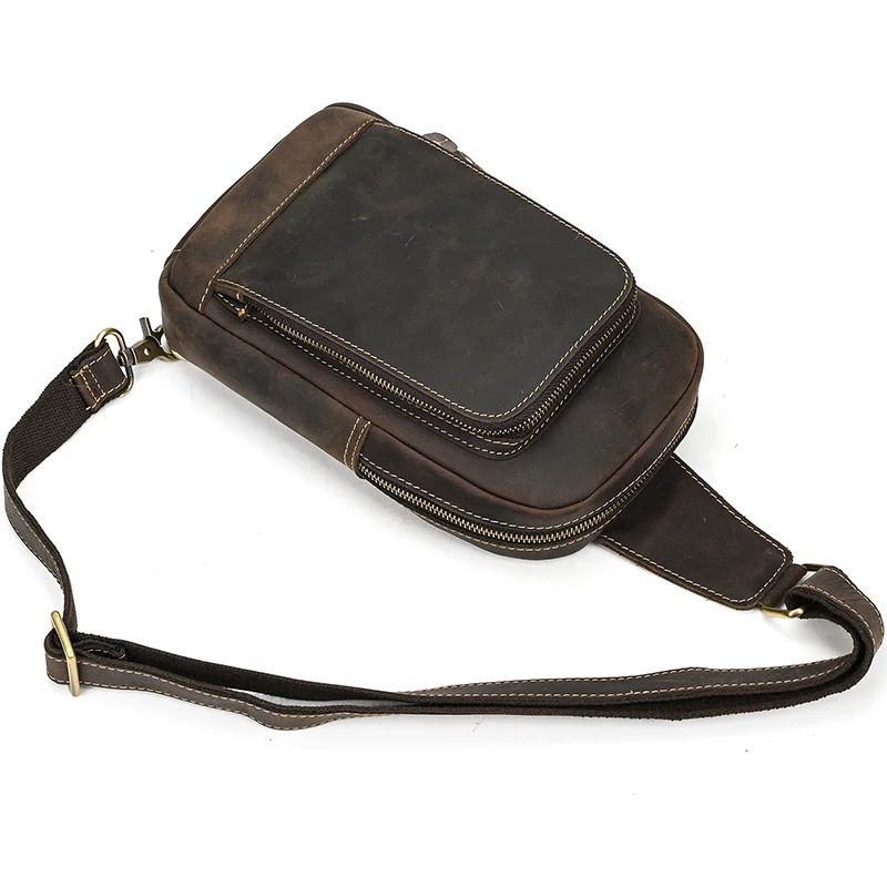 Vintage Mens Waist Bag Single Shoulder Chest Bag Sling Bag Pack Outdoor Sports Riding Cycling Front Bags Genuine Leather