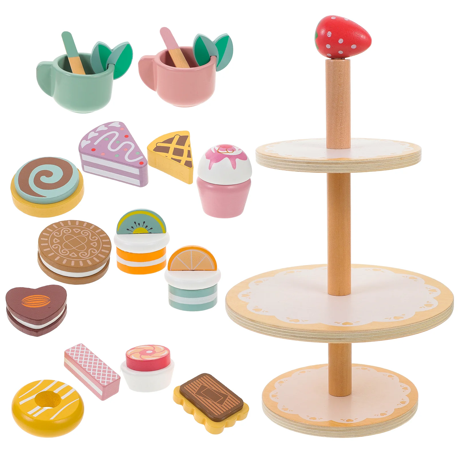 Children's Tea Set Simulation House Cupcake Realistic Prop Dessert Props Kids Toys Stand Wood