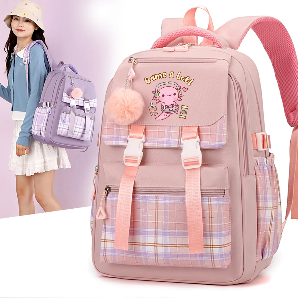 

Cartoon Axolotl Backpack Girls School Bag for Teenager Laptop Casual Kawaii Backpack