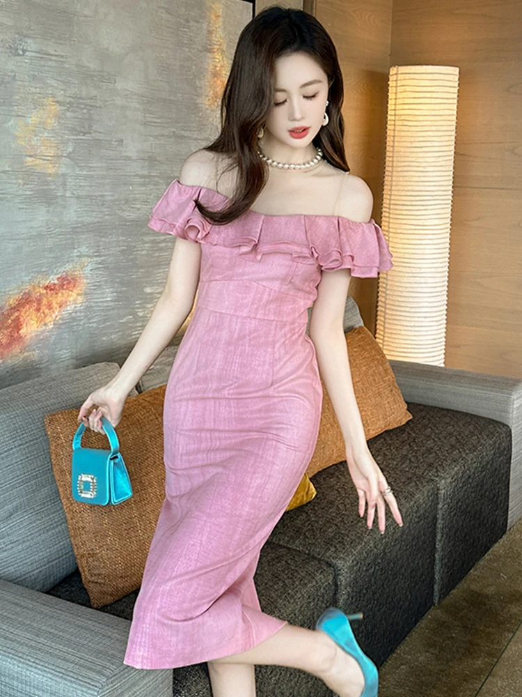 Ropa de mujer ocasión Formal Rosa transparente Sexy fuera del hombro vestido de tubo delgado elegante fiesta de noche Vestidos de cumpleaños Chic Casual