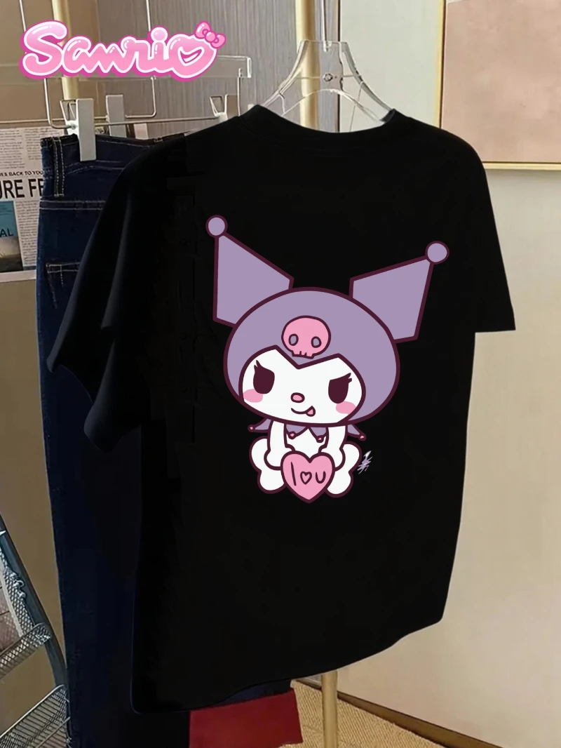 تي شيرت Sanrio for Kuromi النسائي - أسود مع أنماط الرسوم المتحركة اللطيفة باللون الأرجواني والوردي، تي شيرت كاجوال برقبة دائرية وأكمام قصيرة #1