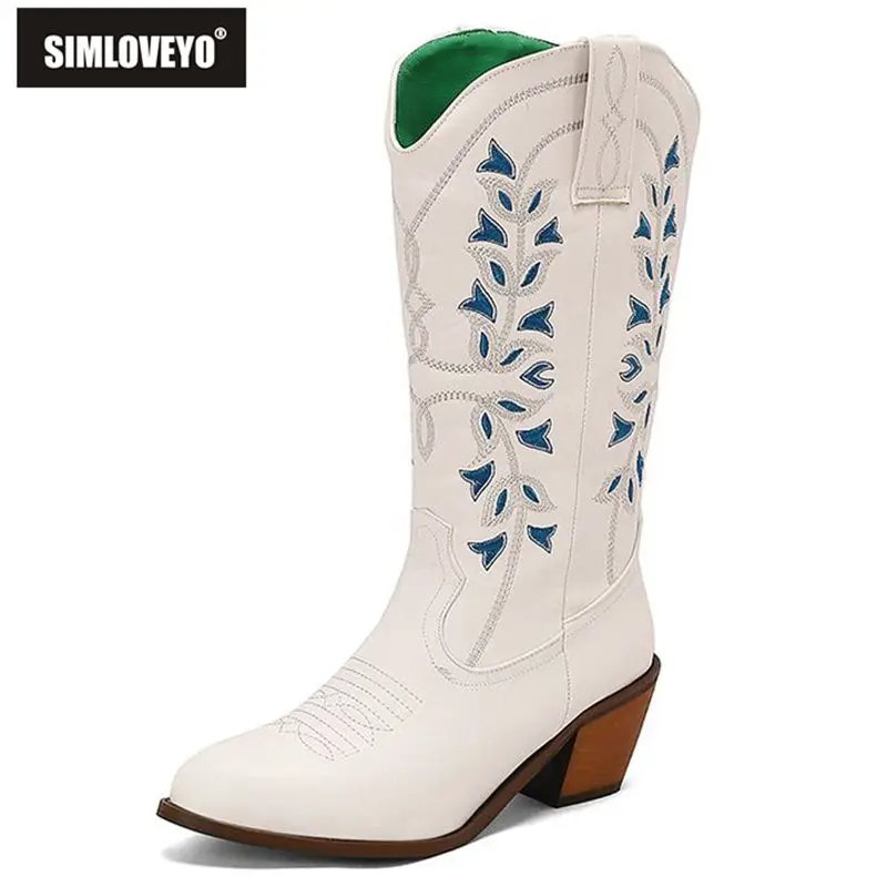 SIMLOVEYO-Botas de vaqueiro femininas coloridas, saltos redondos em bloco, design de moda, 6cm, número 46 47 48, 2024