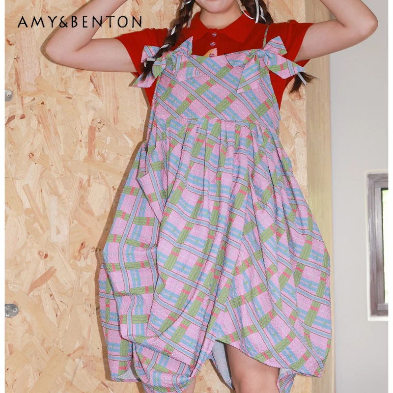 

2025 Summer New Pink Retro Plaid Women's Sling Dress Original Design Bow Layered Sweet Cool Cute Versatile Long Dresses Ladies