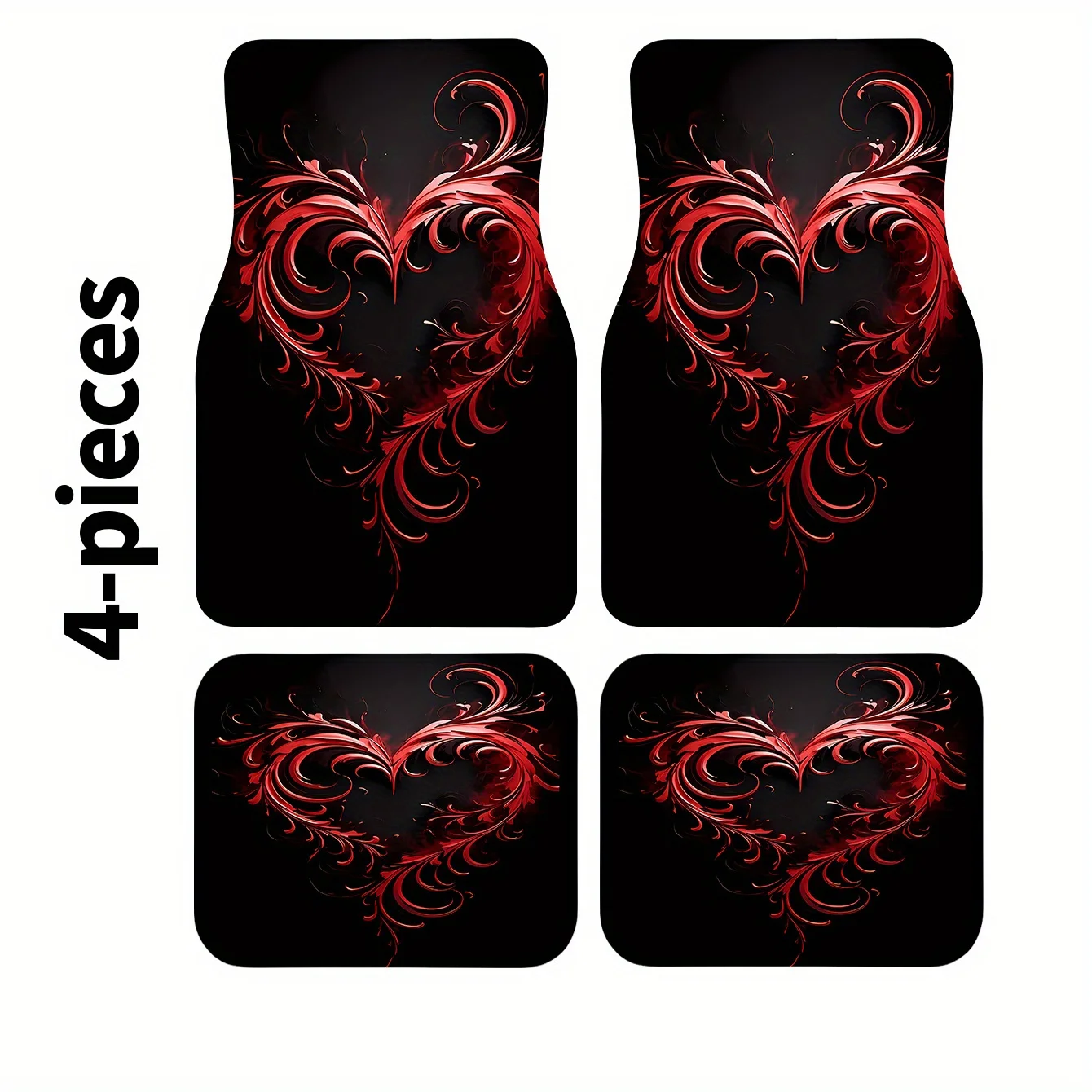 A Set Of Four Heart-Shaped Red Patterned Printed Car Mats, Front And Rear Carpets, Interior Additions For Vehicles, Suitable For
